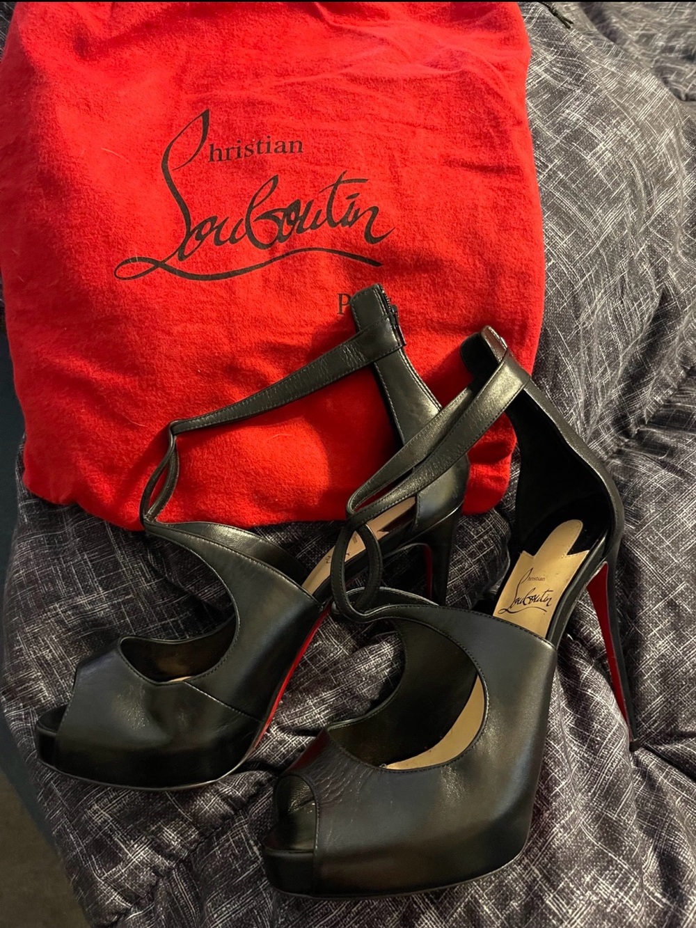Christian Louboutin Black Leather Peep-Toe T-Strap Platform Pumps